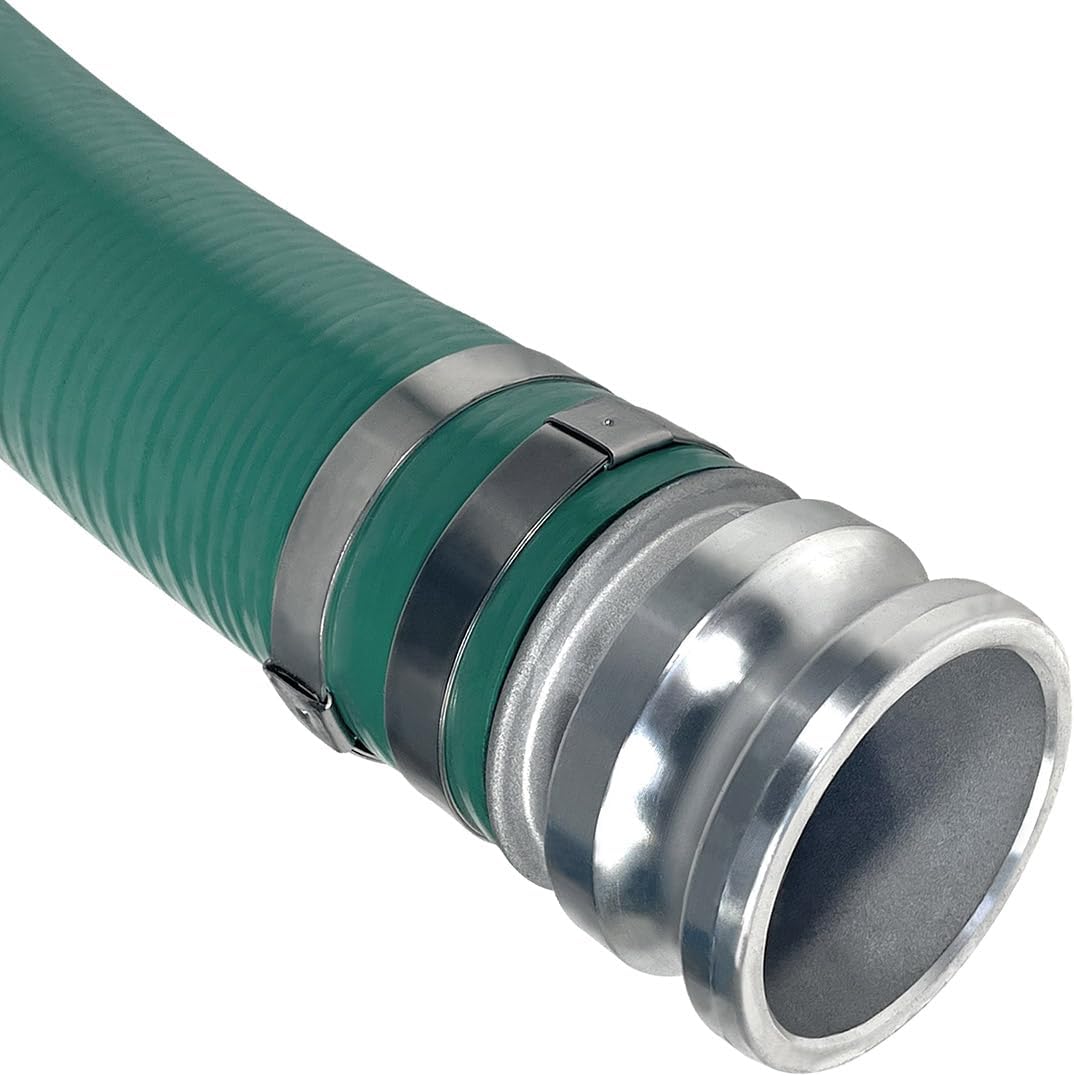 Gloxco Heavy Duty Green PVC Suction Hose Assembly for Water Transfer, 3' Inside Diameter, Installed Male x Female Cam and Groove Fittings, 20 ft Length