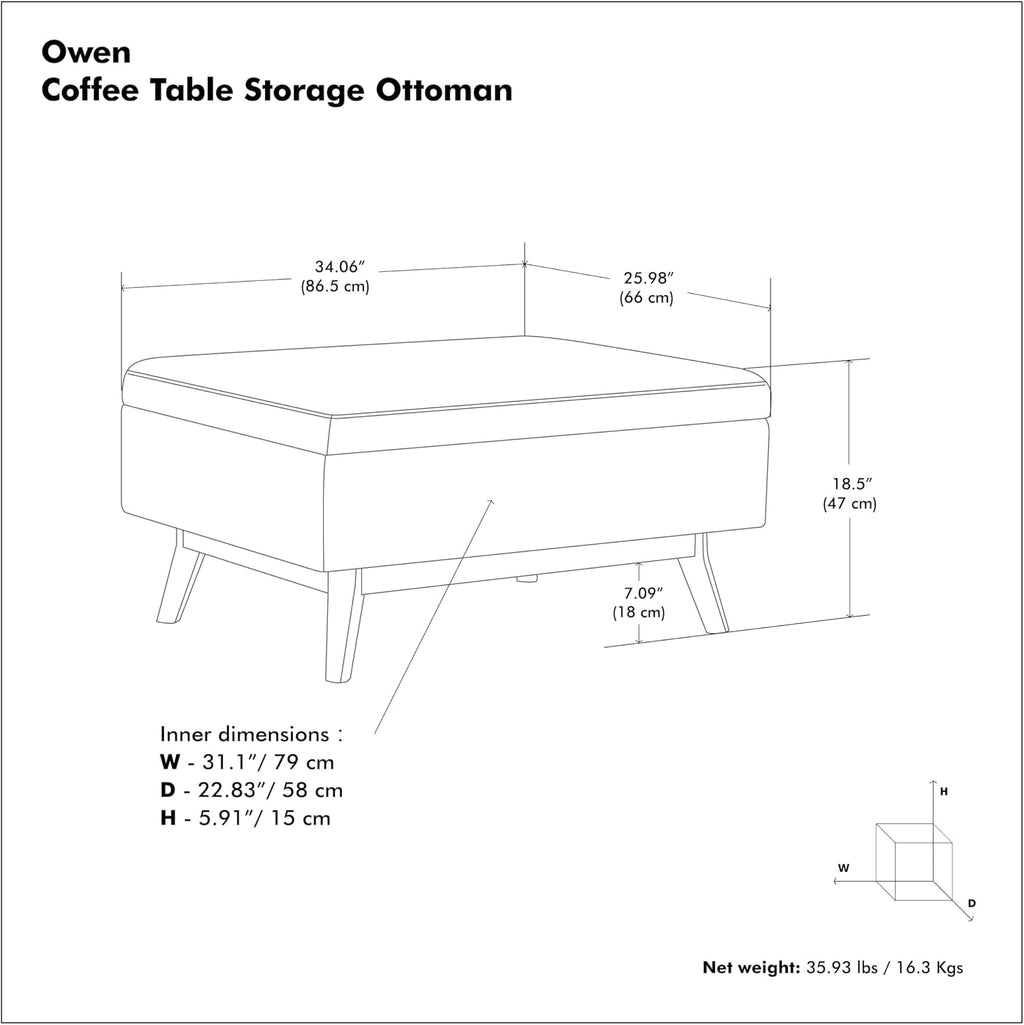 SIMPLIHOME Owen Coffee Table Storage Ottoman - 34' Wide x 19' High Upholstered Vegan Leather Rectangular Lift-Top Ottoman in Distressed Chestnut Brown, Mid-Century Modern Bench with Tapered Legs