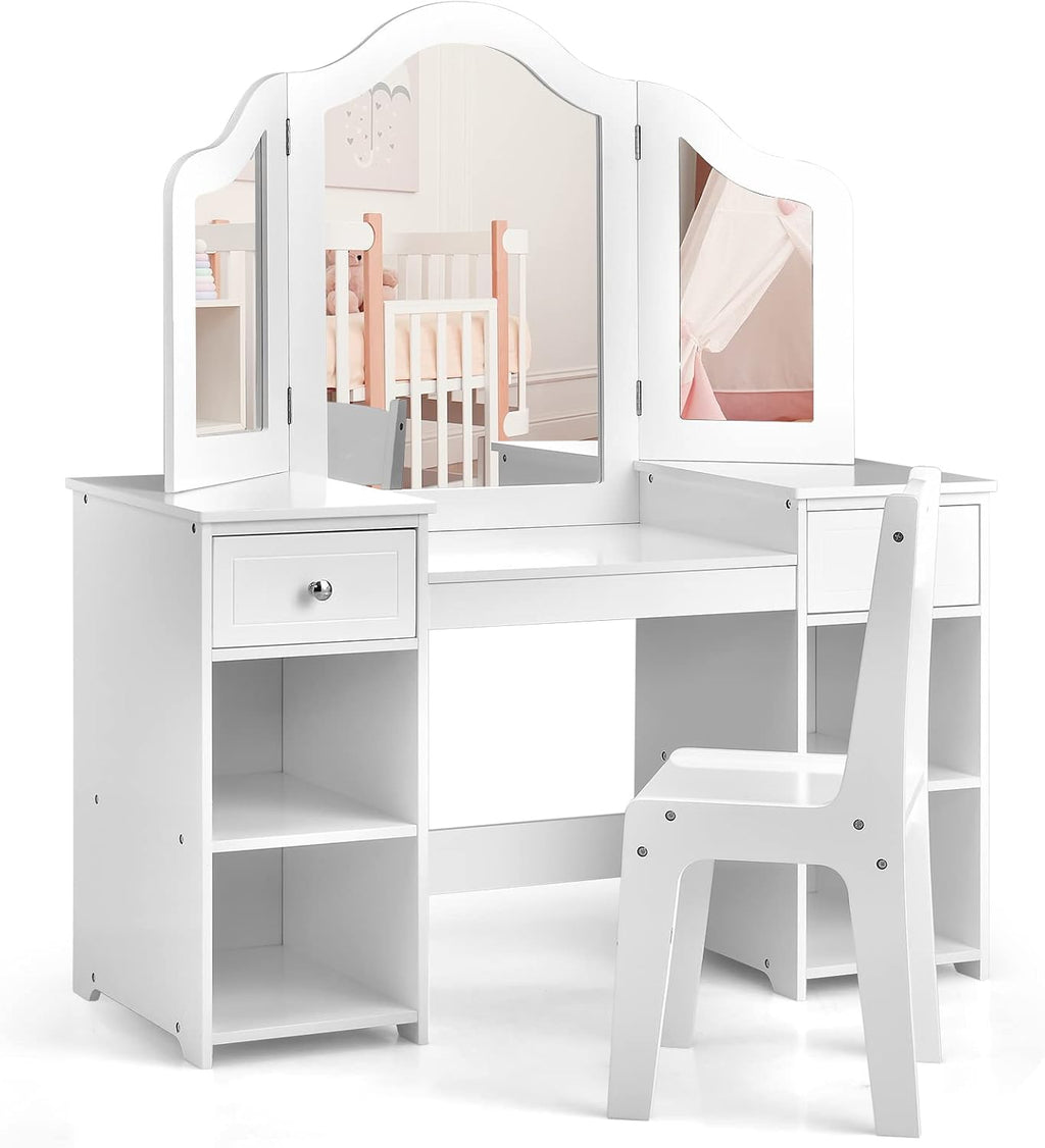 AKUSTIK Kids Vanity, 2 in 1 Wooden Princess Makeup Table and Chair for Toddlers with Tri-Folding Detachable Mirror, Storage Drawers for Little Girls, Pretend Beauty Dressing Desk Play Set Toy Gift