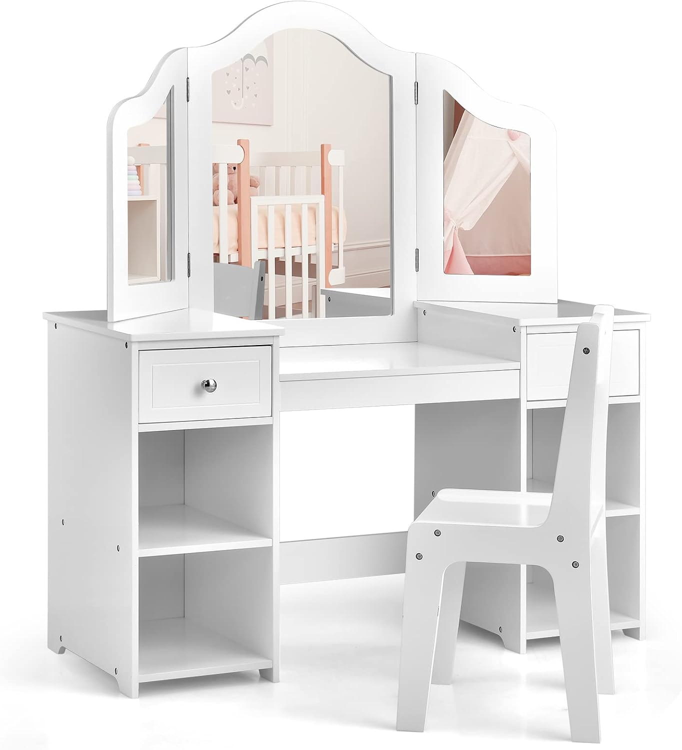 AKUSTIK Kids Vanity, 2 in 1 Wooden Princess Makeup Table and Chair for Toddlers with Tri-Folding Detachable Mirror, Storage Drawers for Little Girls, Pretend Beauty Dressing Desk Play Set Toy Gift
