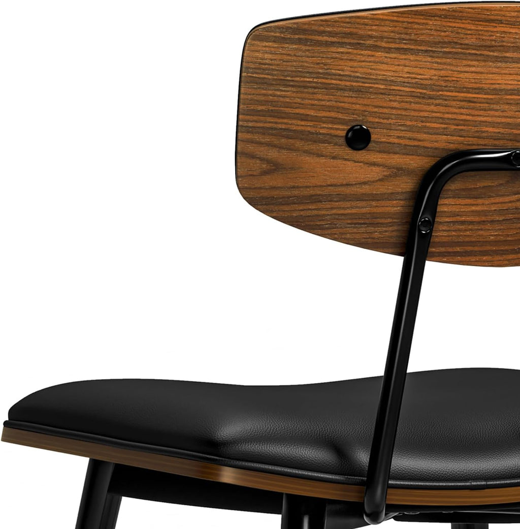 SIMPLIHOME Mavis Dining Chairs - Mid-Century Modern Iron Frame and Vegan Faux Leather Kitchen Chair Set in Black, Dining Room Seating with Curved Wood Veneer Backrest and Padded Seat (Set of 2)
