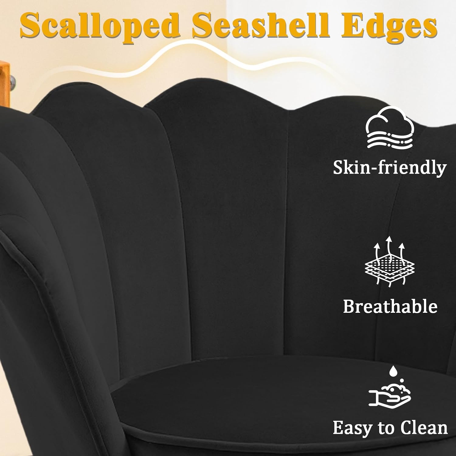 Czlolo Accent Chairs Set of 2 for Living Room, Velvet Upholstered Makeup Room Vanity Chair with Back, Golden Metal Legs Small Accent Side Chair for Bedroom, Cloud Chair Set, 2 Pcs Black