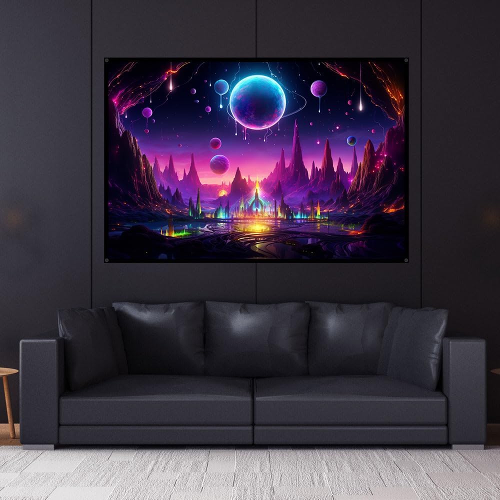 Psychedelic Fairy Land, UV tapestry, Blacklight Reactive Wall Hanging, Neon Backdrop, Party Decor, Psychedelic Tapestry, Visionary Wall Art (Large)