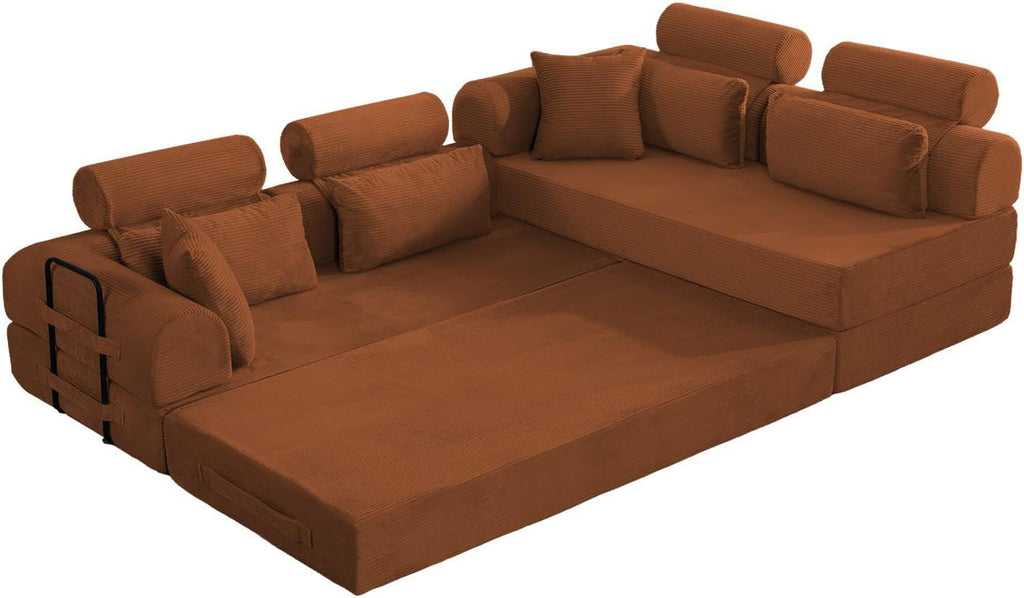 KEIKI 6-in-1 Folding Convertible High Back Sofa Sleeper, 106' Oversized Modular Sectional Corduroy Upholstered L Shape Couches for Living Room, Plush Comfort High-Density Foam for Studio Apartment