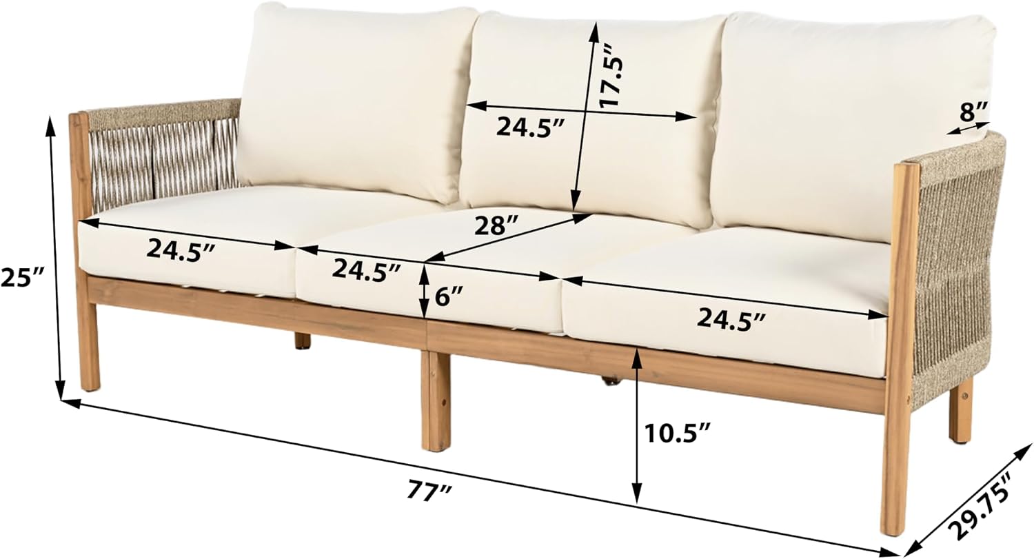 Christopher Knight Home Havets 77'W Outdoor 3 Seater Sofa, 6' Thick Cushion Couch, Acacia Wood Bench Sofa, Comfy Woven Rope Armchair, Spacious Seating Bench Couch for Backyard Garden Porch, Teak+Beige