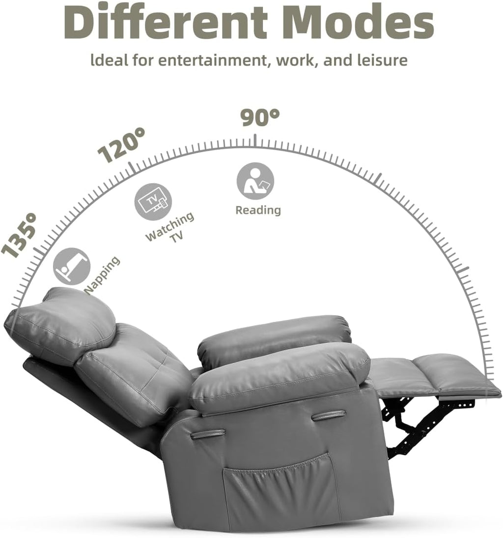 GarveeHome Oversized Recliner Chairs, Classic Manual Leather Recliner, Home Theater Seating with Lumbar & Arms Support for Living Room, Bedroom and Nursery - Grey