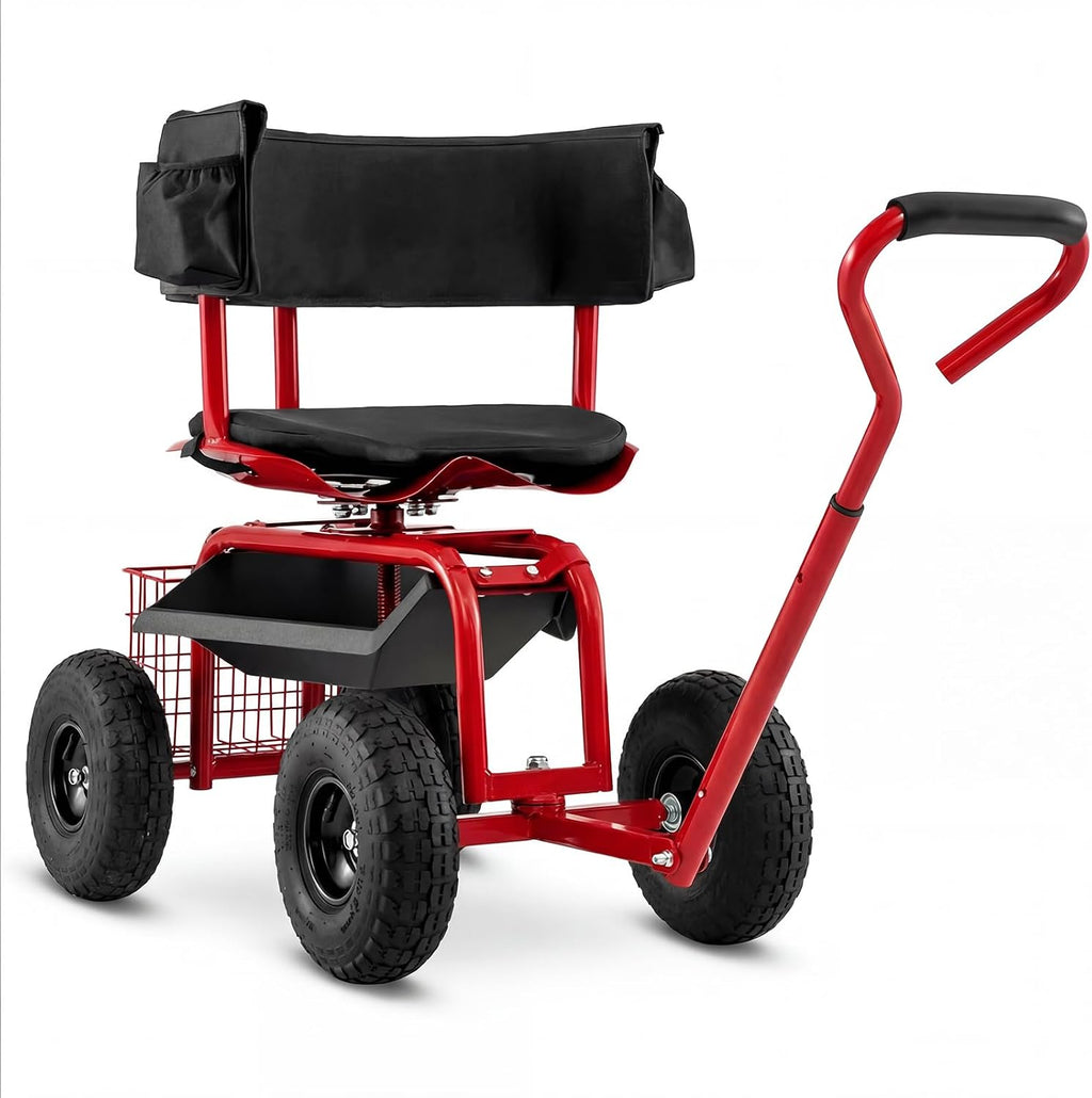 Goplus Garden Seat with Wheels, Rolling Gardening Stool with Adjustable 360° Swivel Seat, Tool Tray & Storage Basket, Extendable Handle, Outdoor Gardening Scooter, Garden Cart Workseat for Seniors