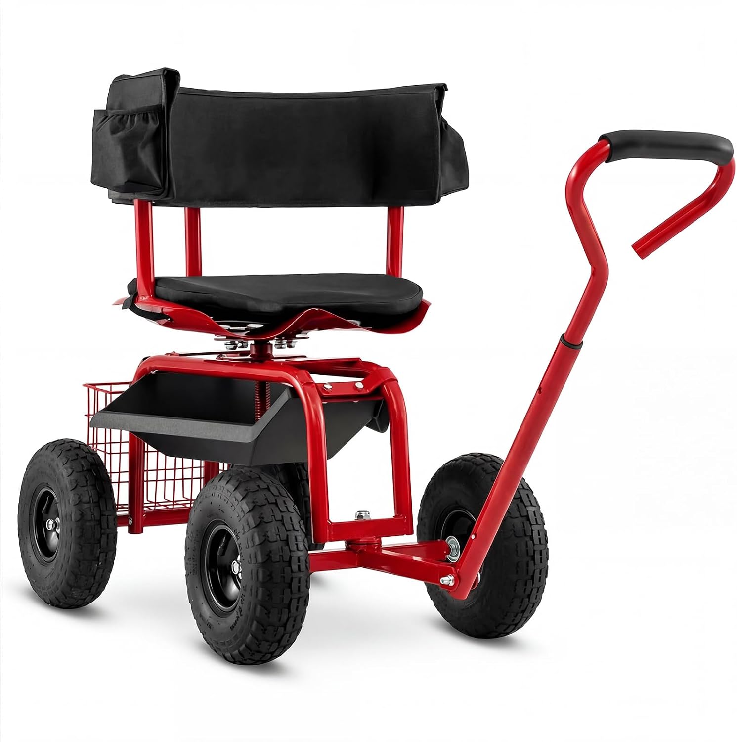 Goplus Garden Seat with Wheels, Rolling Gardening Stool with Adjustable 360° Swivel Seat, Tool Tray & Storage Basket, Extendable Handle, Outdoor Gardening Scooter, Garden Cart Workseat for Seniors