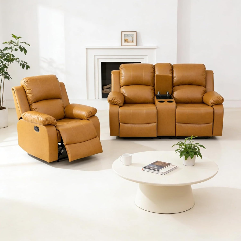 Manual Leather Recliner Sofa Set, Adjustable Backrest Reclining Loveseat Sofa & Recliner Chair with Storage Console & Cup Holders, for House, Home Theater, Ginger
