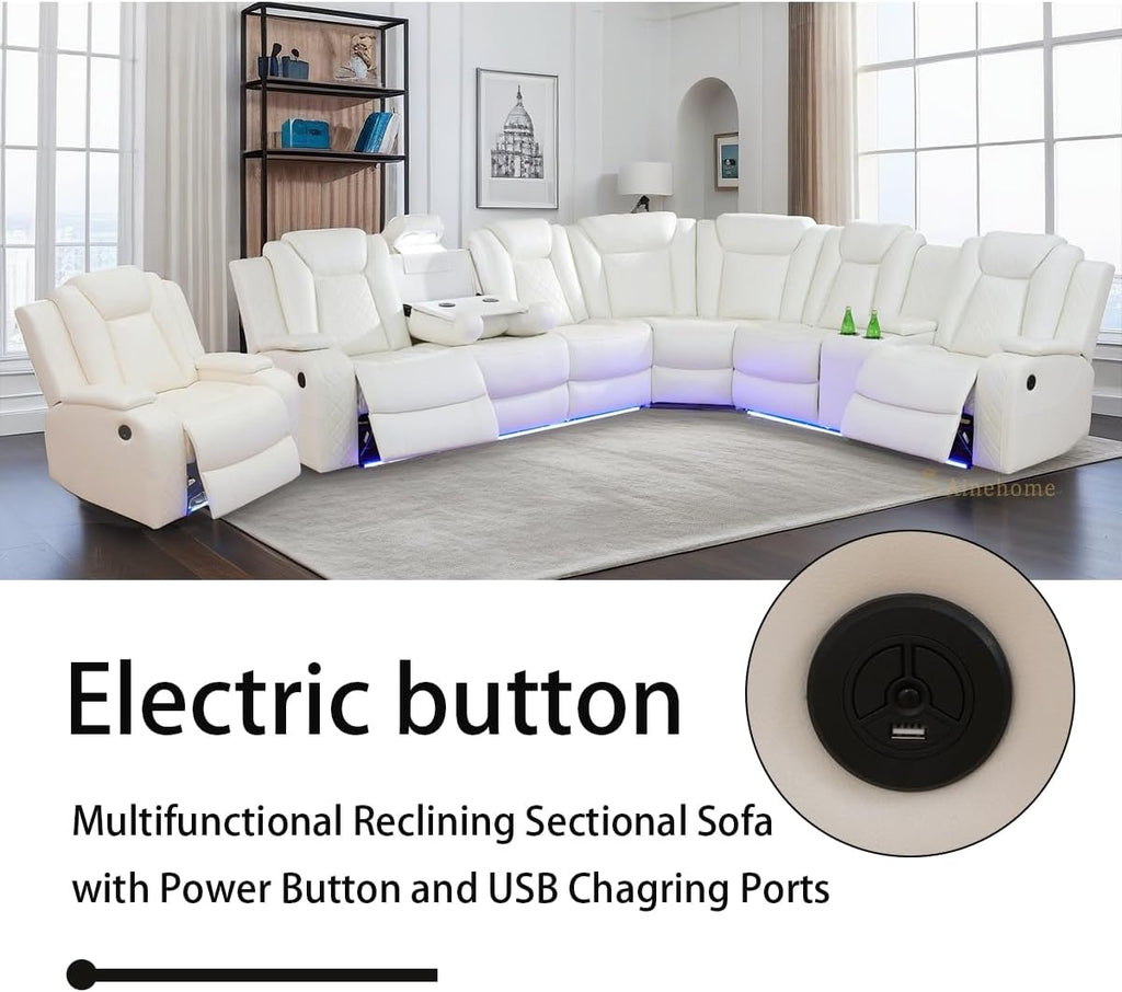 A Ainehome Living Room Furniture Reclining Sectional Sofa, Living Room Power Recliner Adjustable Sofa, Loveseat and Chair with Storage Console for Home/Office(A-Creamy White)
