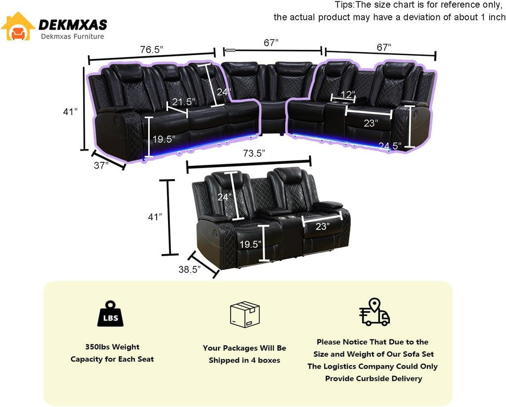 Power Recliner Sectional Sofa Set, Living Room Furniture Sets, Black Leather Sectional Reclining Couch and 2-Seater Power Reclining Loveseat with 4 Recliners/LED Light/Storage Console