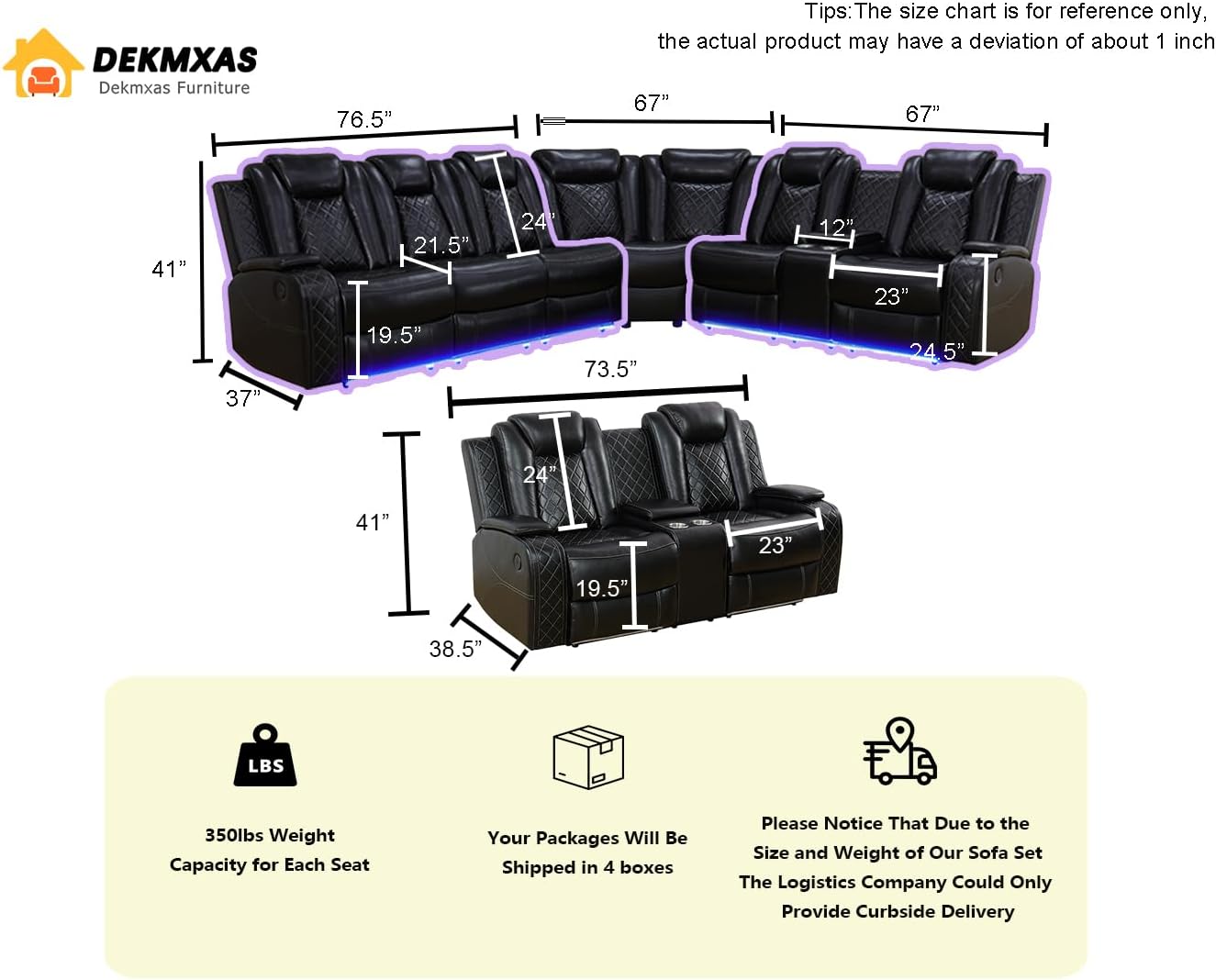 Power Recliner Sectional Sofa Set, Living Room Furniture Sets, Black Leather Sectional Reclining Couch and 2-Seater Power Reclining Loveseat with 4 Recliners/LED Light/Storage Console