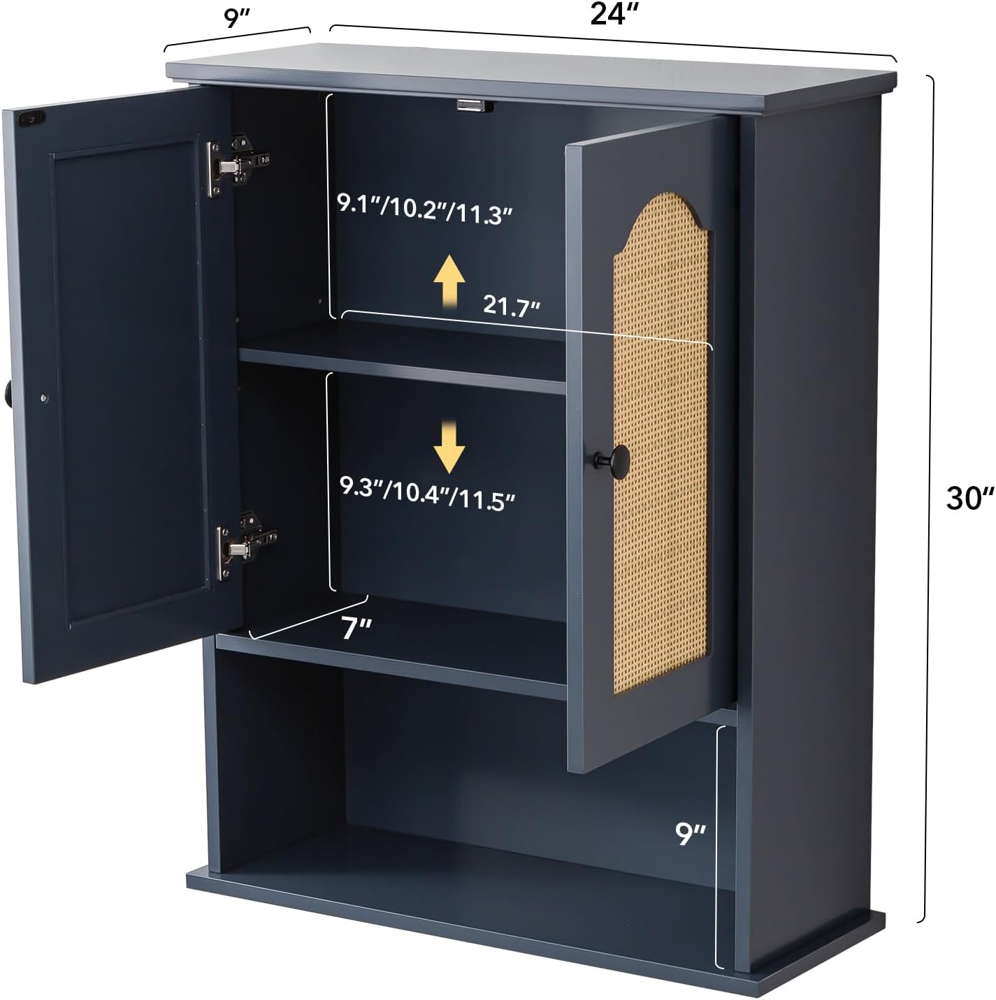 Premium Over The Toilet Storage Cabinet, Boho & Farmhouse Rattan Bathroom Organizer, Adjustable Bottom Bar for Water Valve Clearance, Navy Blue P2 MDF, 24'x30'