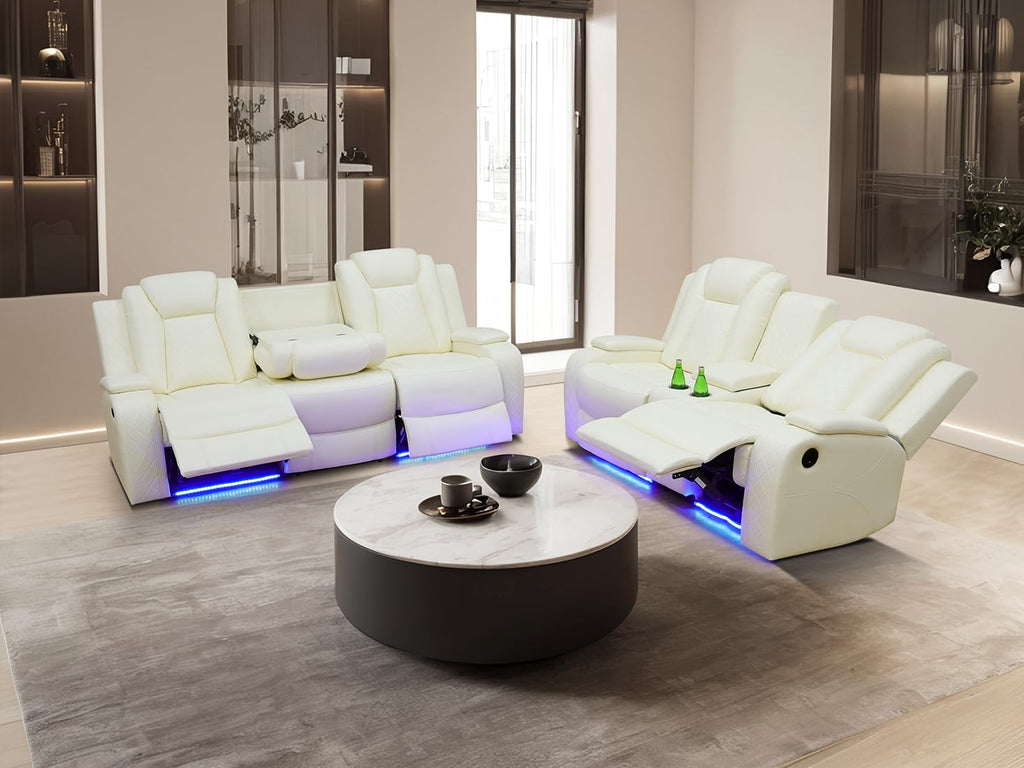 Living Room Furniture Sets, Power Reclining Sofa Set,Vanilla White Leather Sofa Living Room Power Sofa,Loveseat with Cup Holders/Storage Console/LED Light for Living Room
