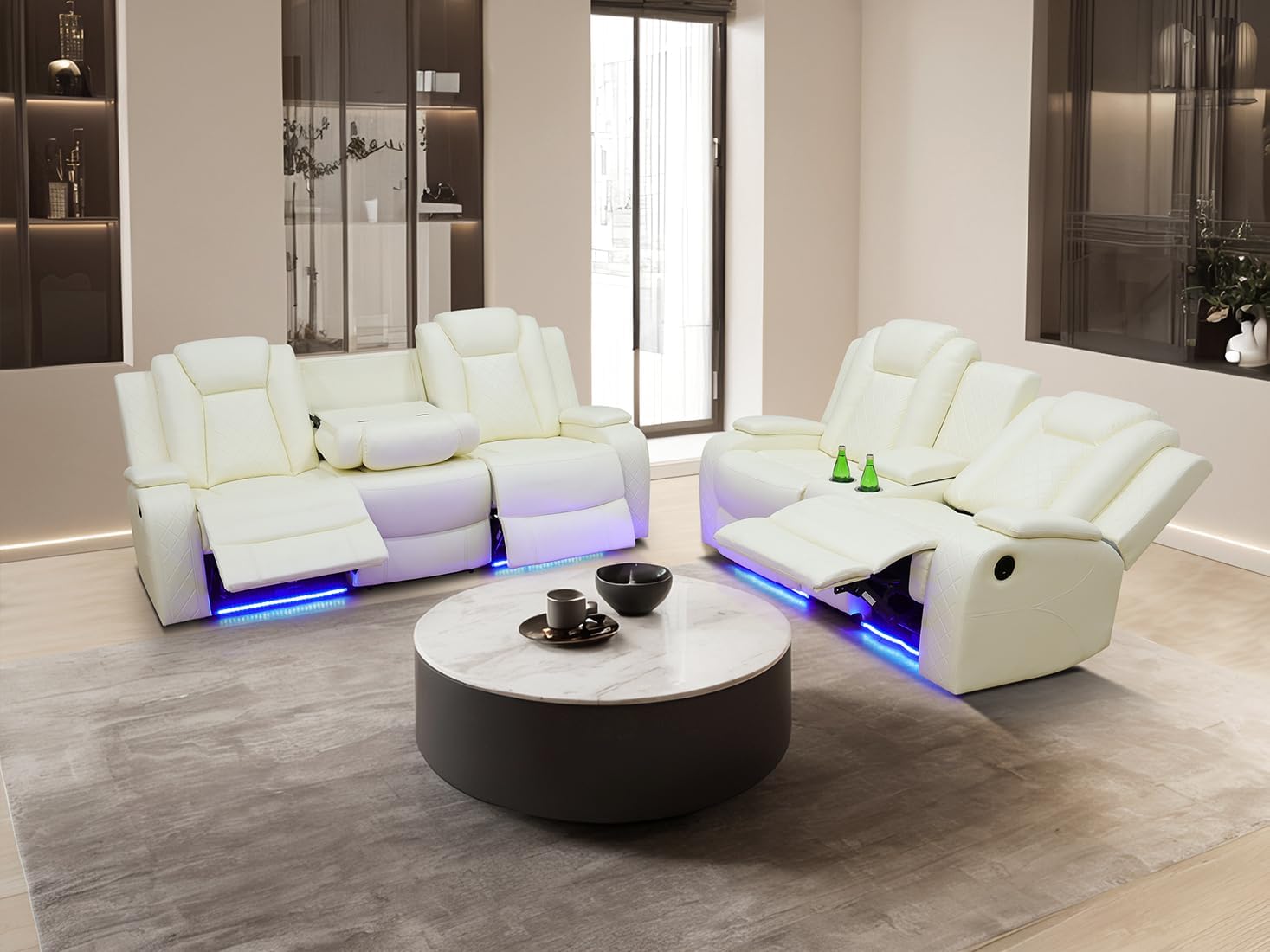 Living Room Furniture Sets, Power Reclining Sofa Set,Vanilla White Leather Sofa Living Room Power Sofa,Loveseat with Cup Holders/Storage Console/LED Light for Living Room