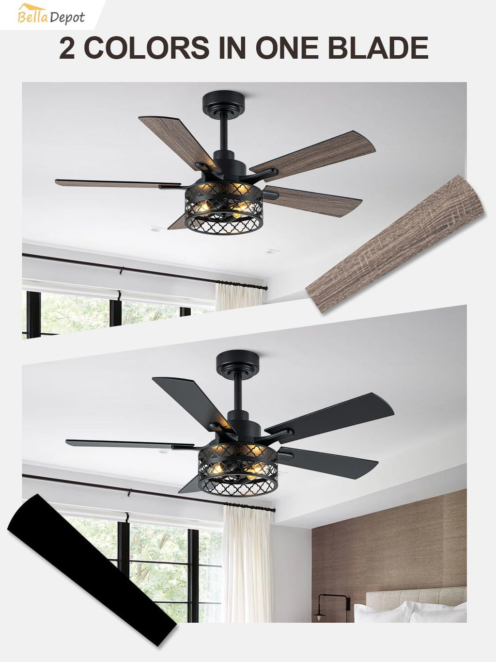 Bella Depot 46' Ceiling Fan with Light Farmhouse Caged Chandelier Fan with Remote Vintage Rustic Indoor Fandelier with Silent Motor for Dining Living Room Bedroom, (Bulbs not Included)