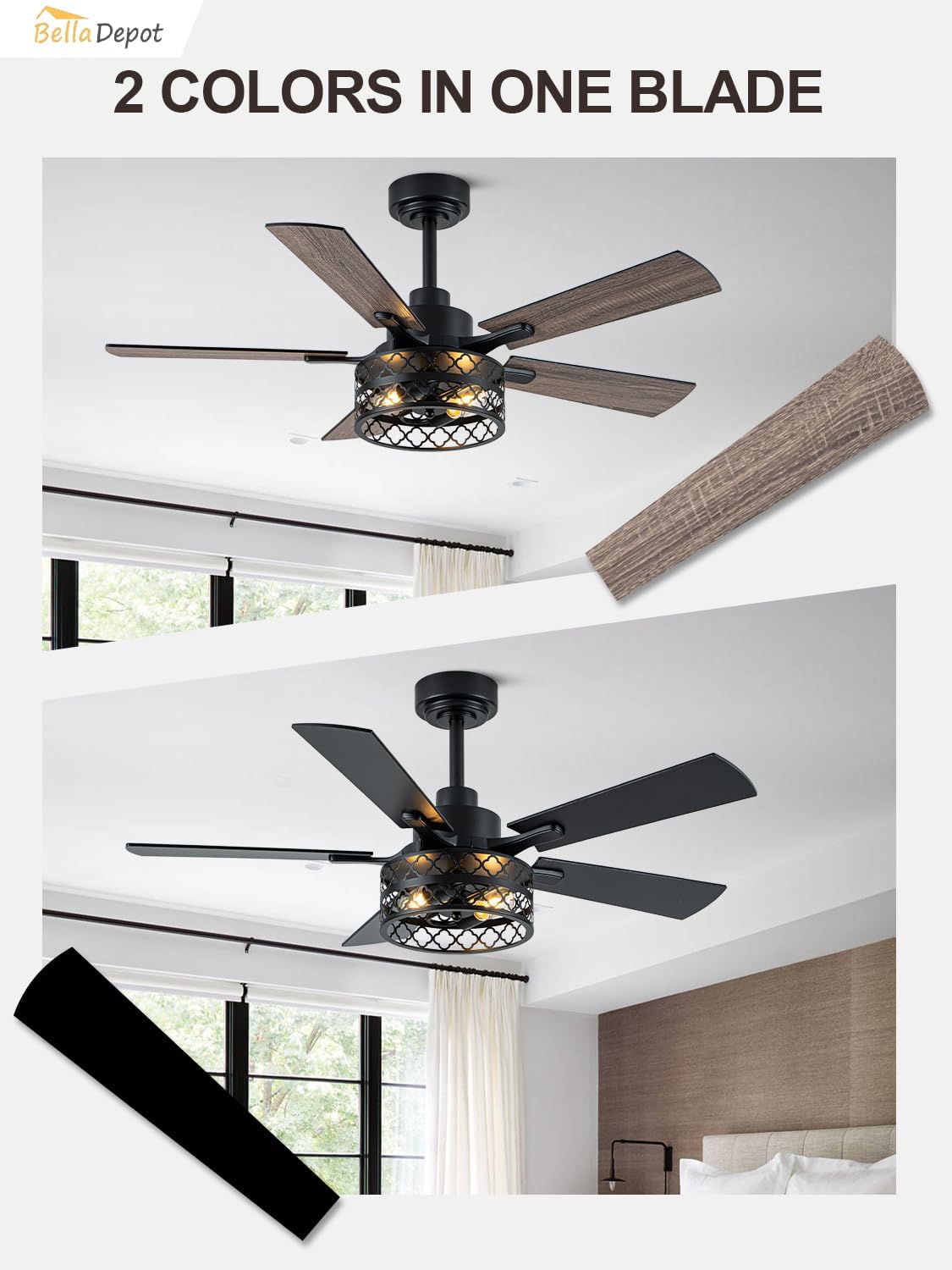 Bella Depot 46' Ceiling Fan with Light Farmhouse Caged Chandelier Fan with Remote Vintage Rustic Indoor Fandelier with Silent Motor for Dining Living Room Bedroom, (Bulbs not Included)