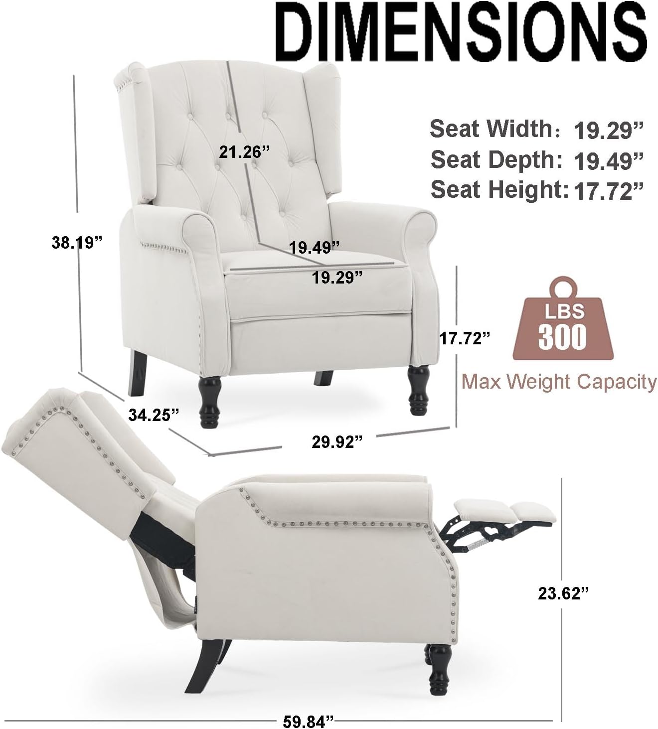 Velvet Accent Chair, Push Back Recliner Chair, Wingback Arm Chair for Living Room/Bedroom/Home Theater/Reception Area, Light Beige
