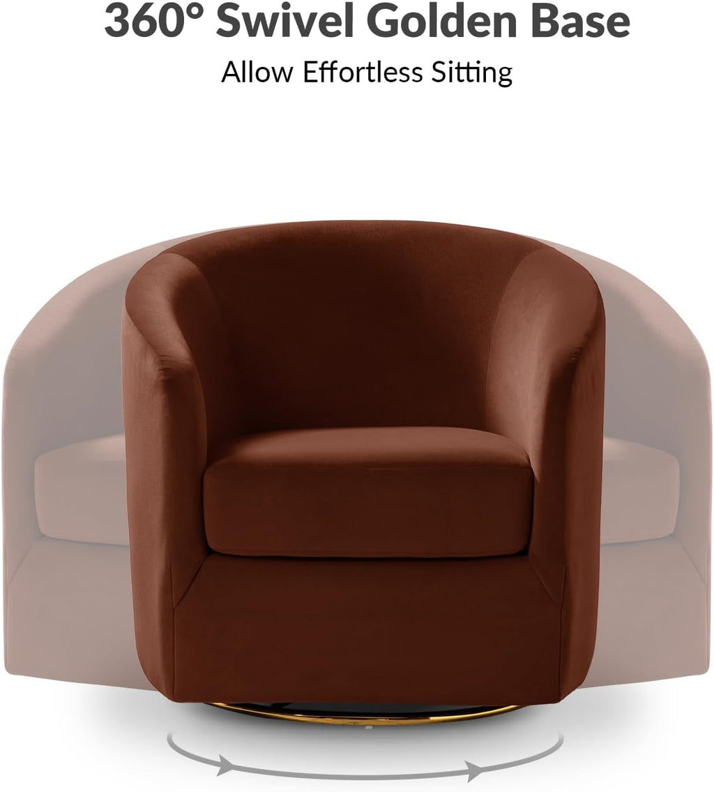 HULALA HOME Swivel Accent Chair with Gold Metal Base, Set of 2 Contemporary Velvet Curved Swivel Barrel Chair, Upholstered Club Armchair, Leisure Single Sofa for Living Room, Bedroom(Burn-Brick)