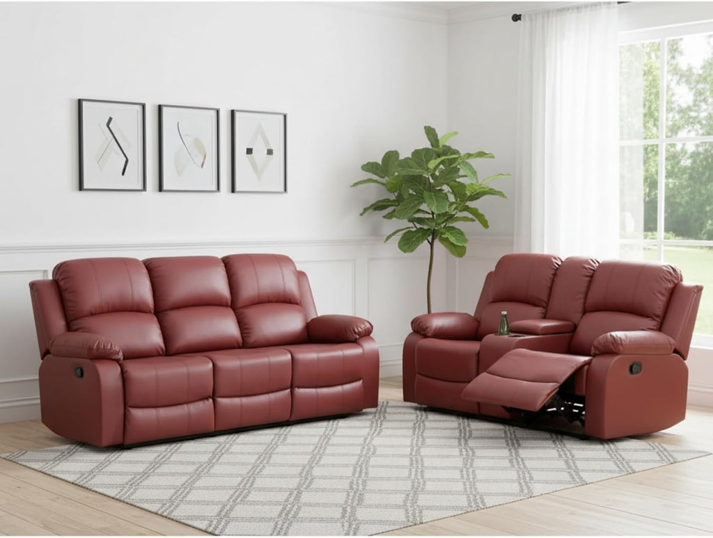 2-Piece Manual Leather Recliner Sofa Set, Adjustable Backrest Reclining Loveseat Sofa & 3 Seater Couch Furniture Set for Living Room, Home Theater, Red