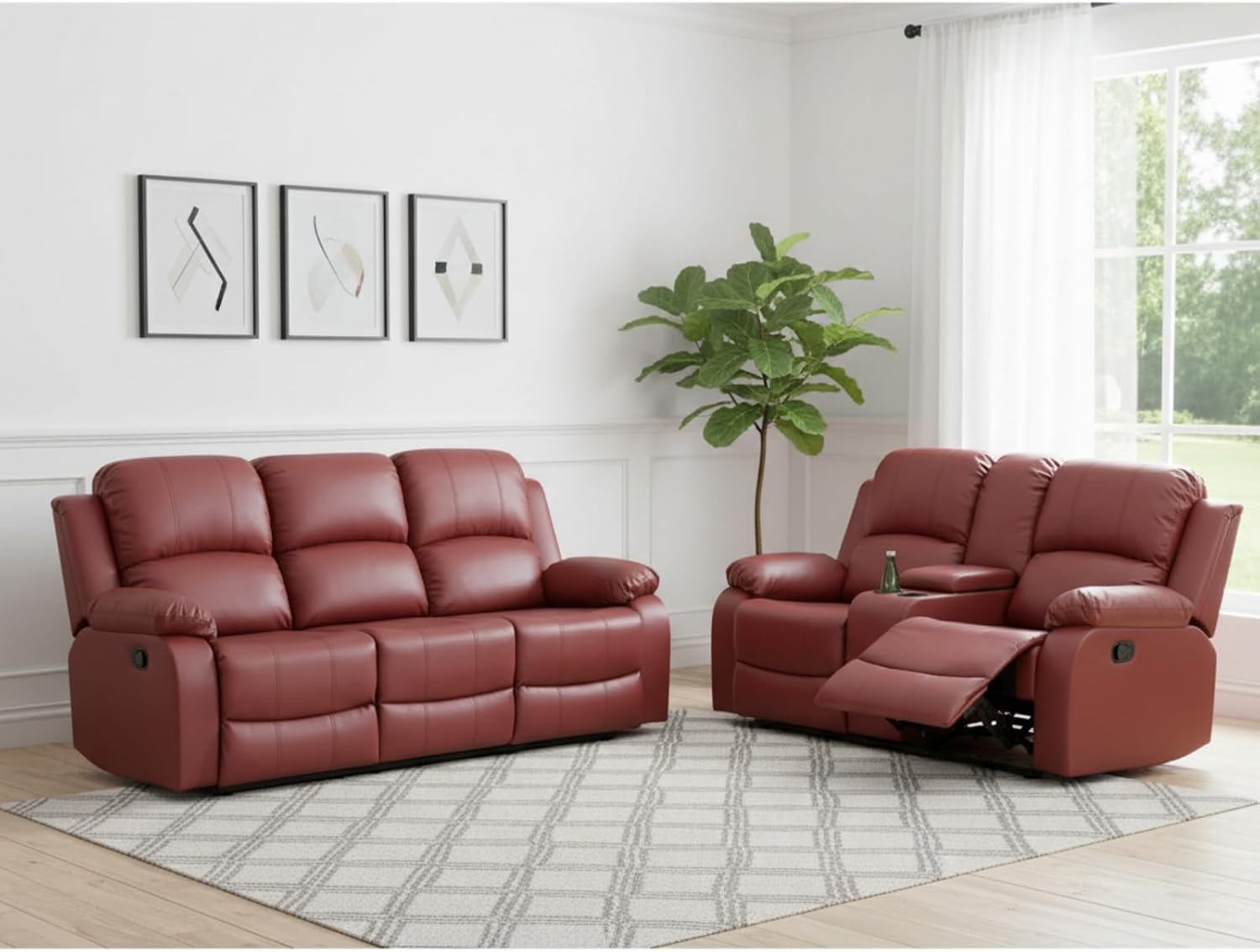2-Piece Manual Leather Recliner Sofa Set, Adjustable Backrest Reclining Loveseat Sofa & 3 Seater Couch Furniture Set for Living Room, Home Theater, Red