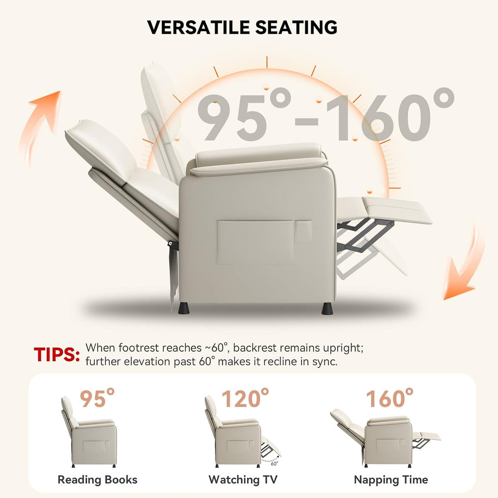 Recliner Chair，Electric Adjustable PU Leather Recliner with Remote Control and Padded Backrest,Recliner Single Sofa Seat with Thick Seat Cushion for Living Room Bedroom Home Theater (Beige)