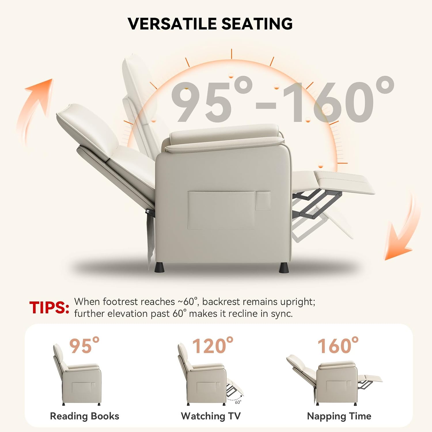 Recliner Chair，Electric Adjustable PU Leather Recliner with Remote Control and Padded Backrest,Recliner Single Sofa Seat with Thick Seat Cushion for Living Room Bedroom Home Theater (Beige)