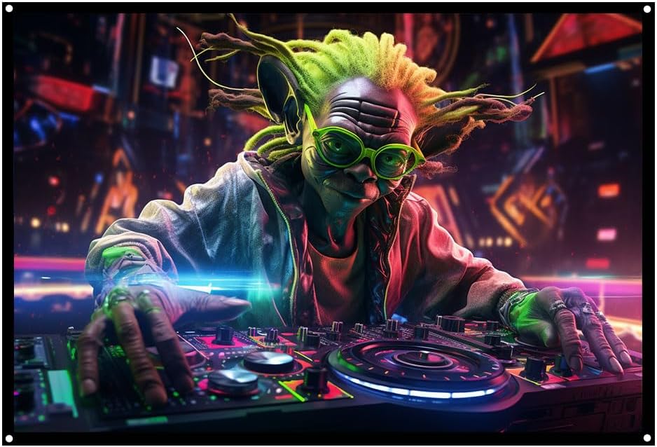 Rasta Yoda DJ, UV tapestry, Blacklight Reactive Wall Hanging, Neon Backdrop, Party Decor, Psychedelic Tapestry, Visionary Wall Art (Large)