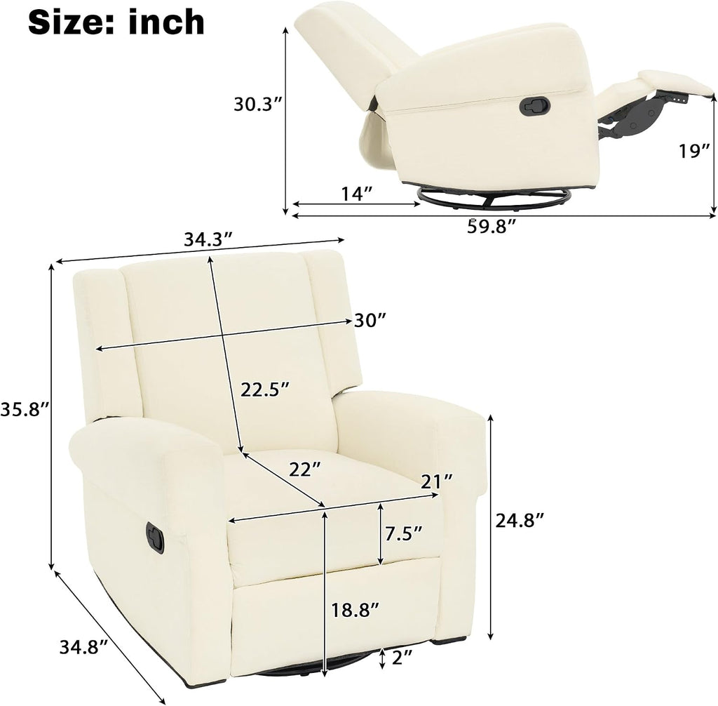 Merax Manual Recliner Chair with Swivel and Rocker, 2-Position Chenille Recliner Sofa with Pull Handle, Compact Recliner for Living Room, Nursery, Home Theater, White