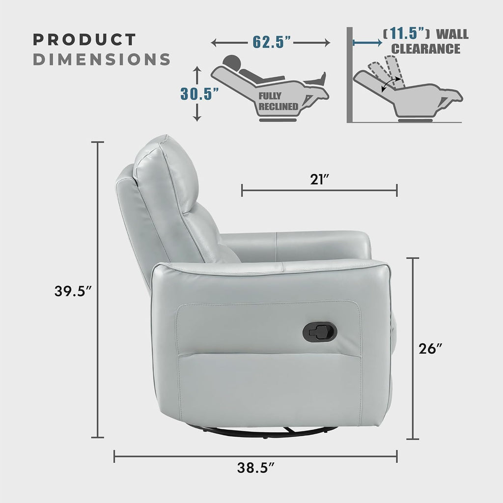 Lexicon Swivel Glider Reclining Chair, Top Grain Leather Match Manual Recliner, Comfy Nursery Glider Recliner, Swivel Reclining Chair for Living Room/Office/Bedroom/Apartment, Aqua