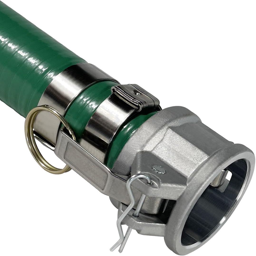 Gloxco Heavy Duty Green PVC Suction Hose Assembly for Water Transfer, 1-1/2' Inside Diameter, Installed Male x Female Cam and Groove Fittings, 40 ft Length