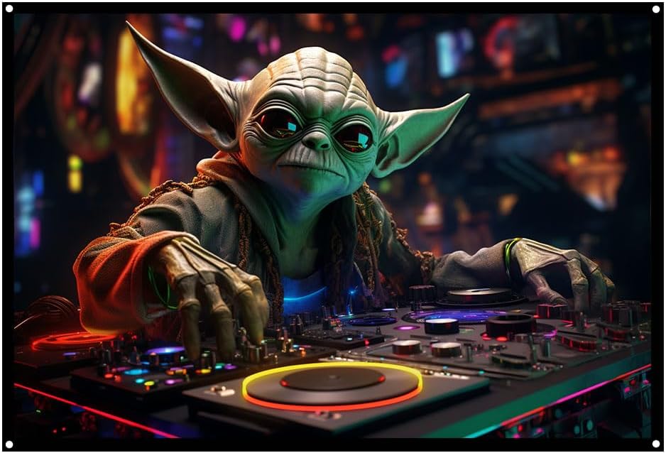 Baby Yoda DJ, UV tapestry, Blacklight Reactive Wall Hanging, Neon Backdrop, Party Decor, Psychedelic Tapestry, Visionary Wall Art (Large)