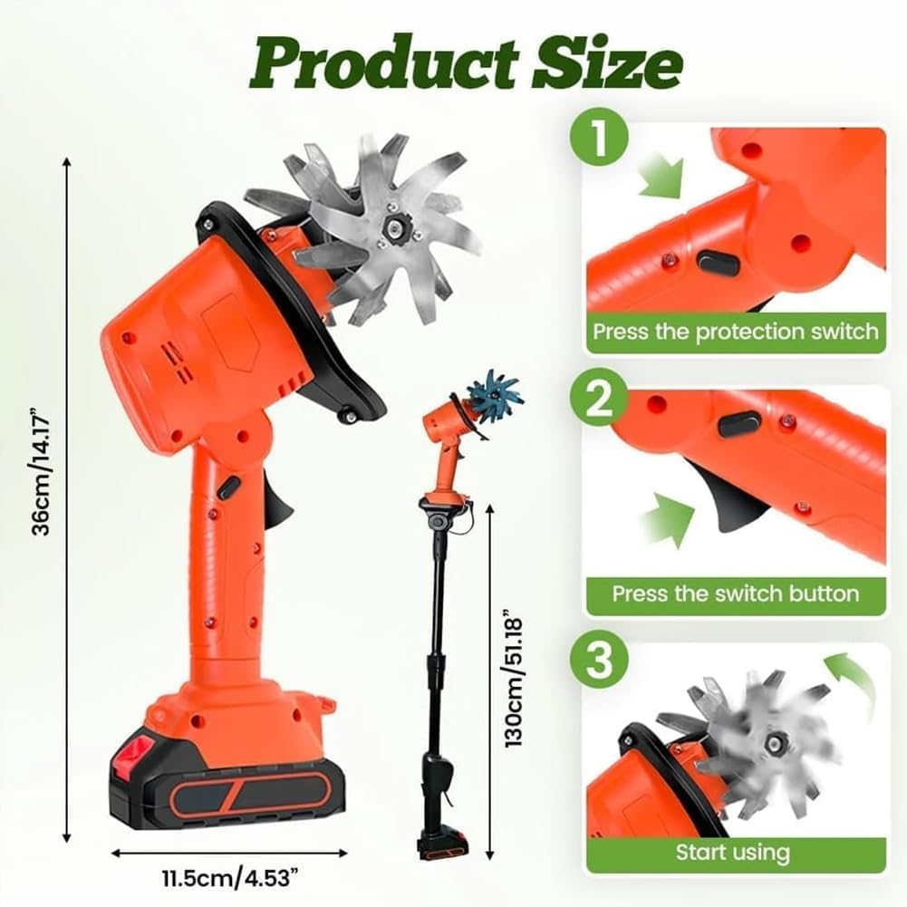 21V Cordless Mini Tiller Cultivator, 2025 New Hand Held Tiller for Gardening, 235RPM with 4 Rows of Tines for Lawn/Gardening/Soil Cultivation, Dual Safety Switch (with Pole)