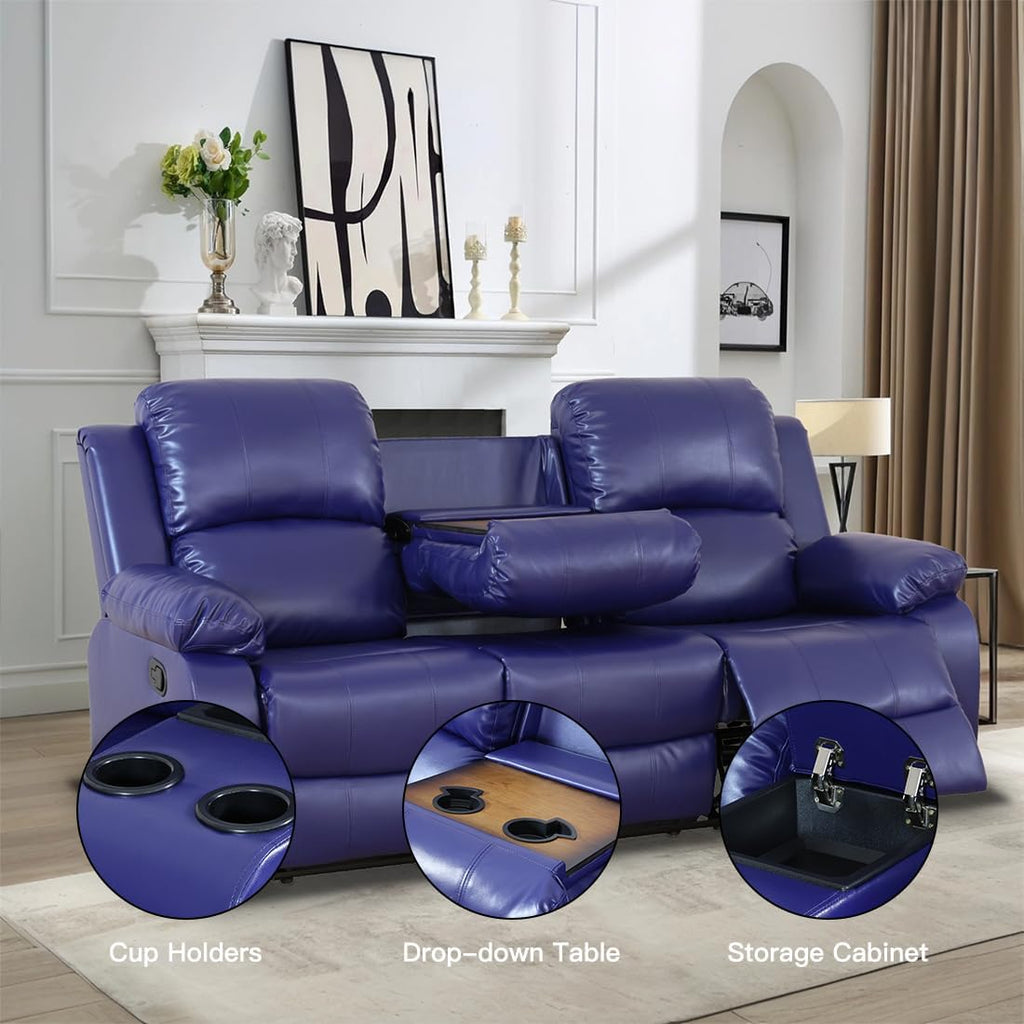 Living Room Furniture Set, Manual Reclining Sofa Set, Blue Leather Recliner Couch Sets with Drop-Down Table, Recliner Sofa with Storage Console/Cup Holder for Living Room/Apartment