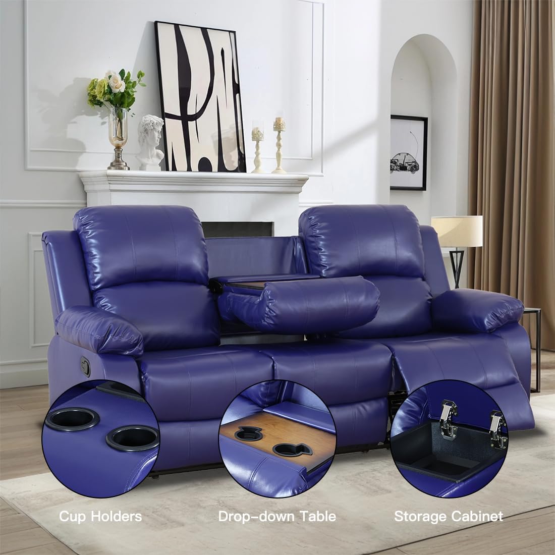 Living Room Furniture Set, Manual Reclining Sofa Set, Blue Leather Recliner Couch Sets with Drop-Down Table, Recliner Sofa with Storage Console/Cup Holder for Living Room/Apartment