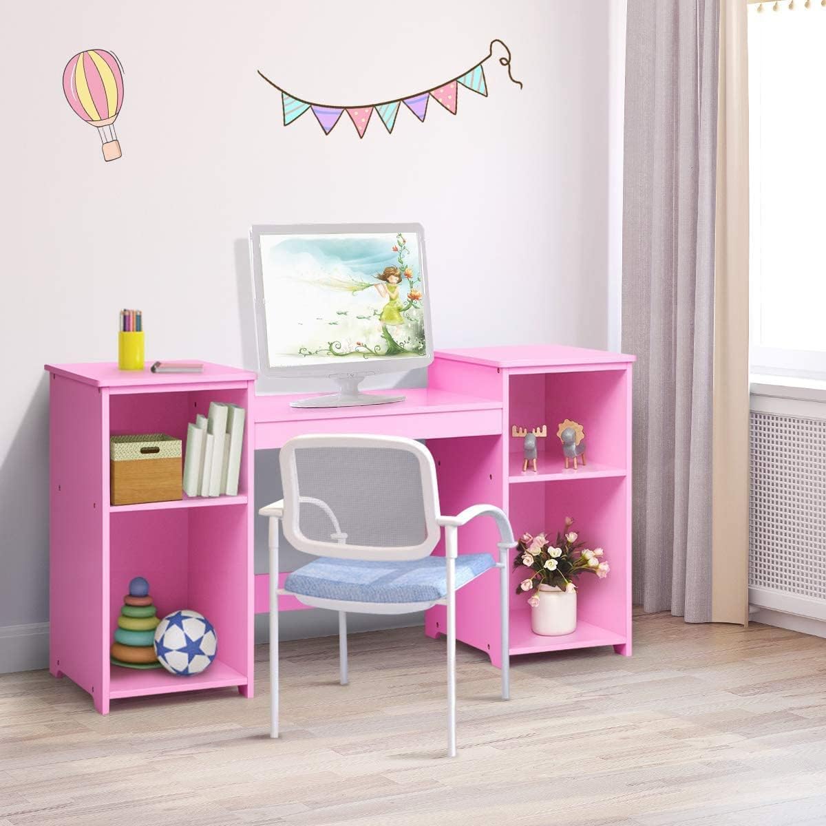 INFANS Kids Vanity, 2 in 1 Princess Makeup Desk Set with Tri-Folding Detachable Mirror, Large Storage Shelves, Wooden Dressing Table,Pretend Play Vanity Set for Girls