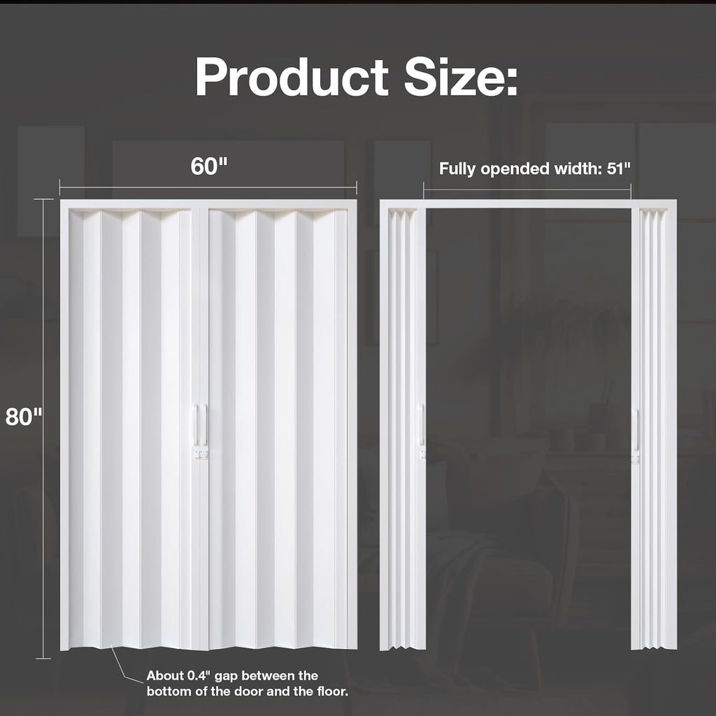 NeatiEase Accordion Door 60x80, Portable Interior PVC Folding Door, Bifold Closet Doors with Latch, Handle, Mounting Hardware