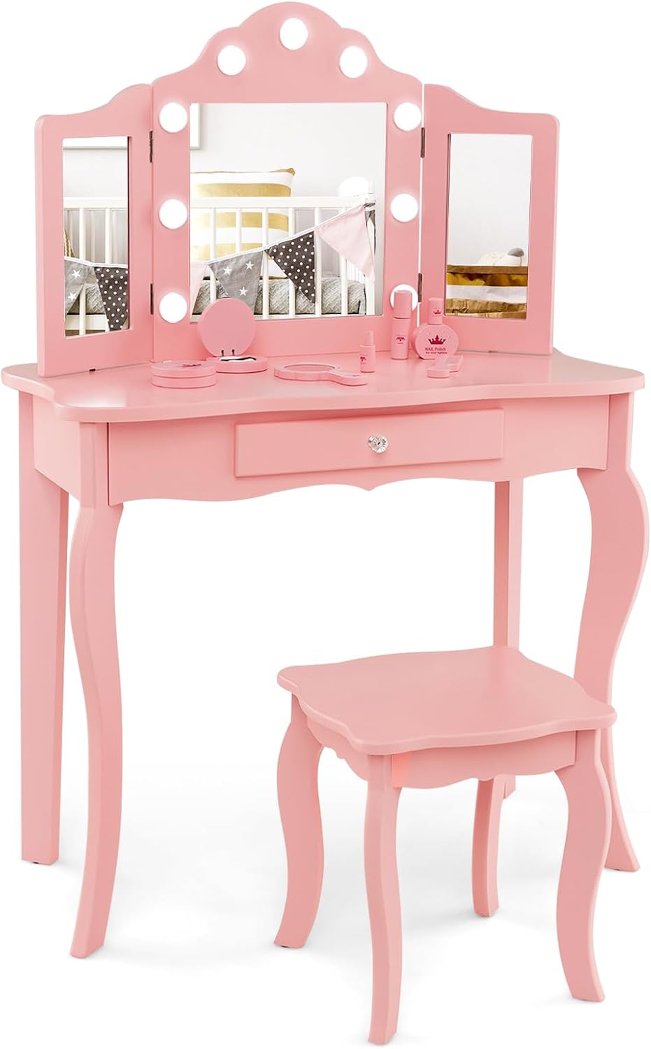 HONEY JOY Kids Vanity Set with Lighted Mirror, 2 in 1 Princess Toddler Dressing Table w/Tri-Fold Mirror & Drawer, Wooden Makeup Table & Chair Set, Pretend Play Vanity Set for Little Girls (Pink)