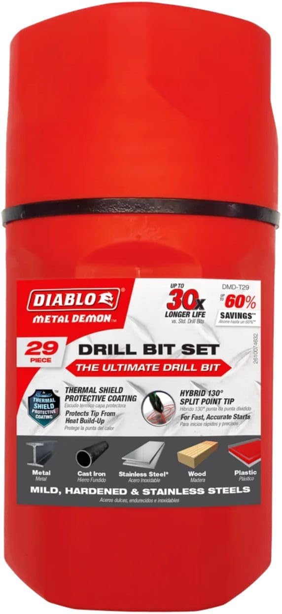 Diablo Metal Demon Drill Bit Set with Thermal Shield Protective Coating for Mild, Hardened and Stainless Steel - 29-Pieces Set - DMD-T29