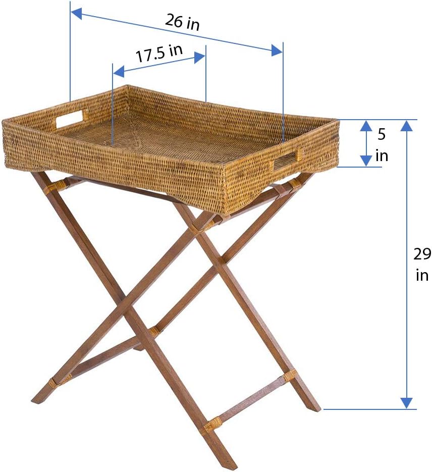 KOUBOO La Jolla Rattan Butler Tray with Folding Wood Stand, Ottoman, Coffee Table Trays, Serving Food Eating Drink Breakfast Bed Room, Home Decor, Honey Brown