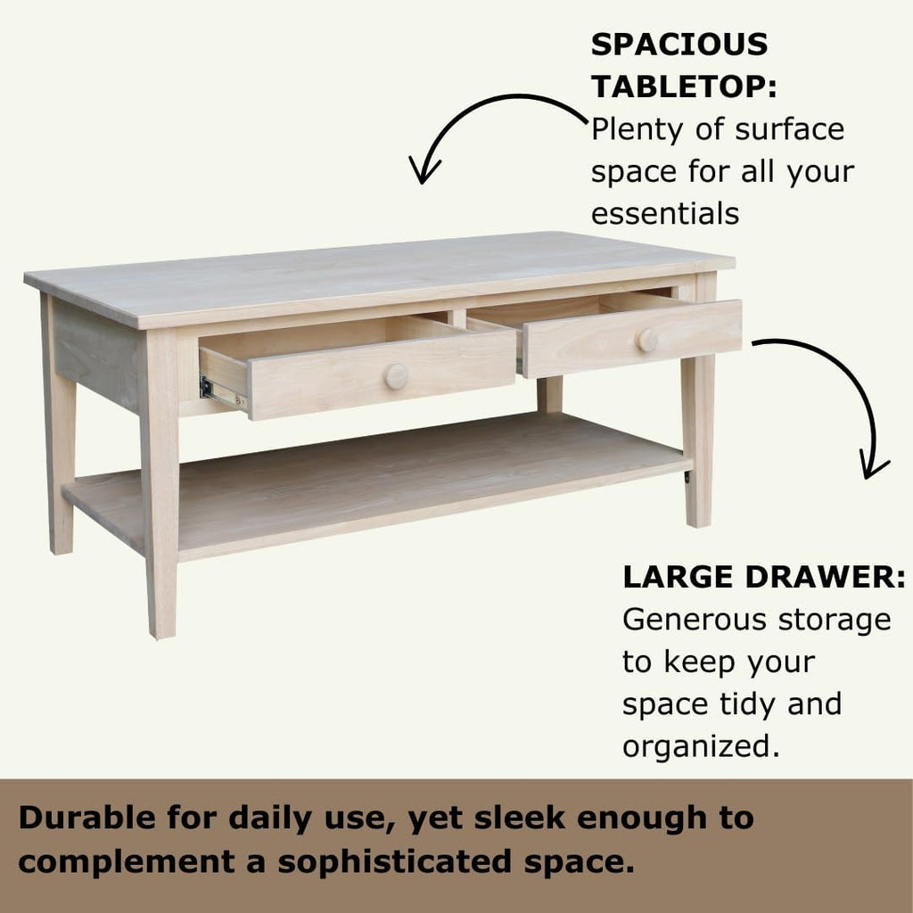 IC International Concepts, Spencer Coffee Table, Solid Wood, Real Parawood, 48' W x 24' D x 19' H, Easy Assembly, DIY, Paint or Stain Your Way, Unfinished