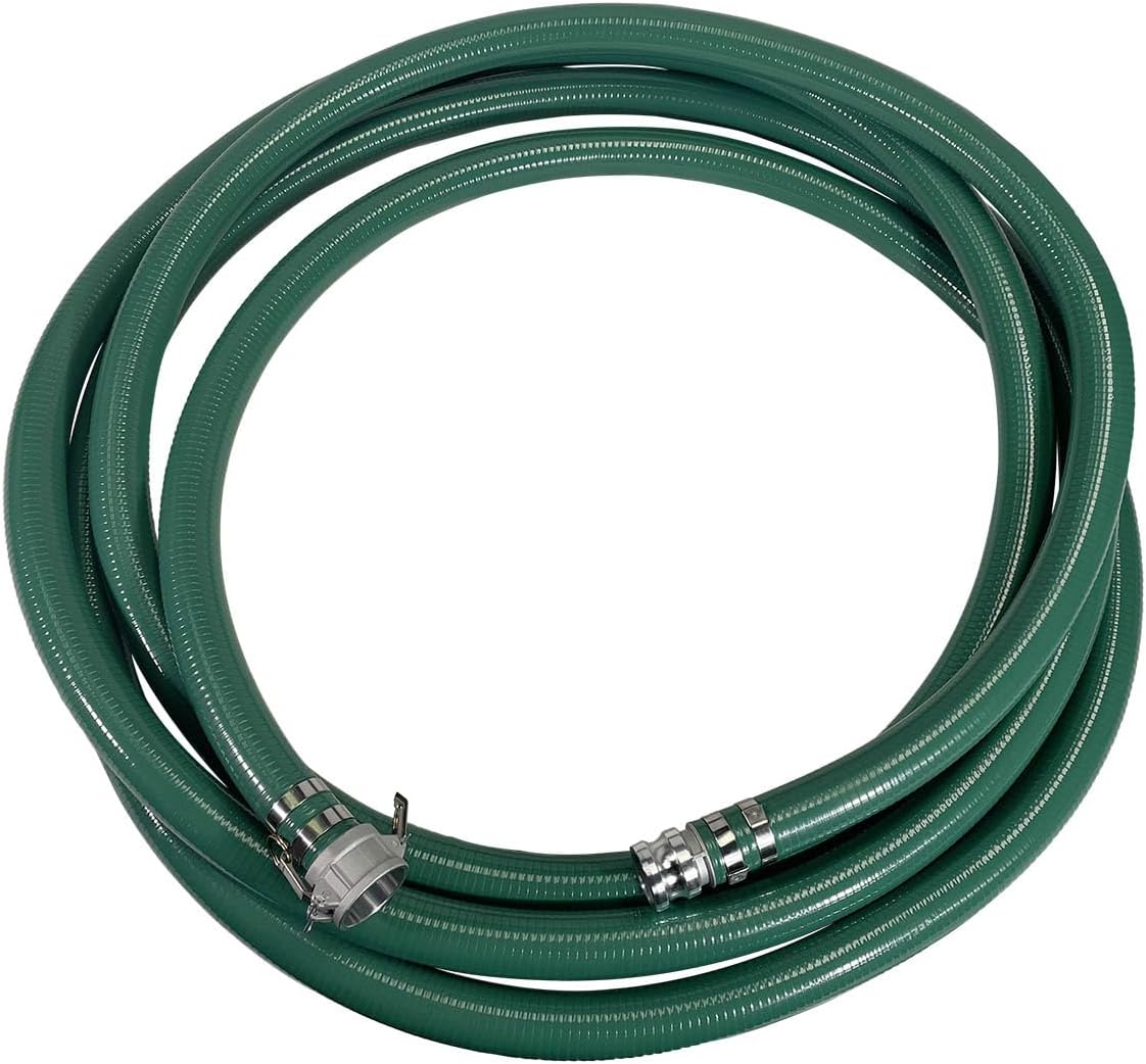 Gloxco Heavy Duty Green PVC Suction Hose Assembly for Water Transfer, 2' Inside Diameter, Installed Male x Female Cam and Groove Fittings, 33 ft Length