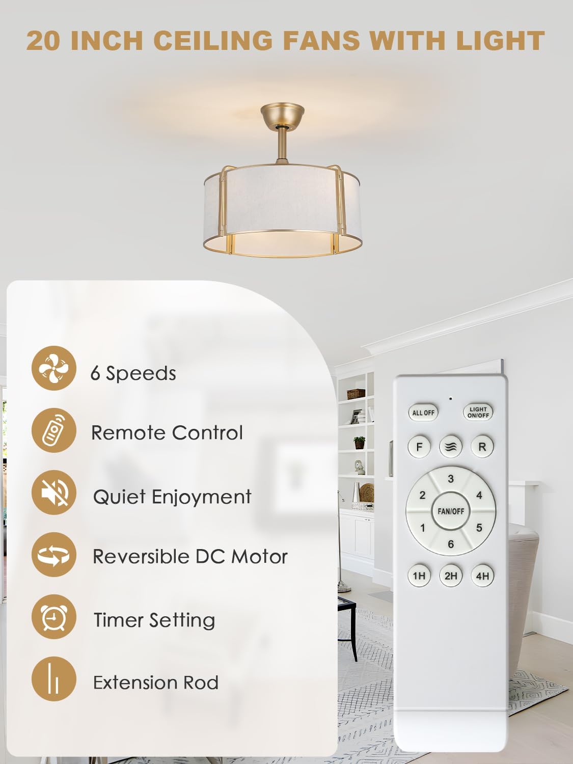 20' Gold Caged Boho Fandelier Ceiling Fan with Light, Bladeless Flush Mount Chandelier Fan with Remote Control, 6 Speeds Quiet Reversible Motor for Bedroom, Nursery, Foyer, Dining Room, Living Room