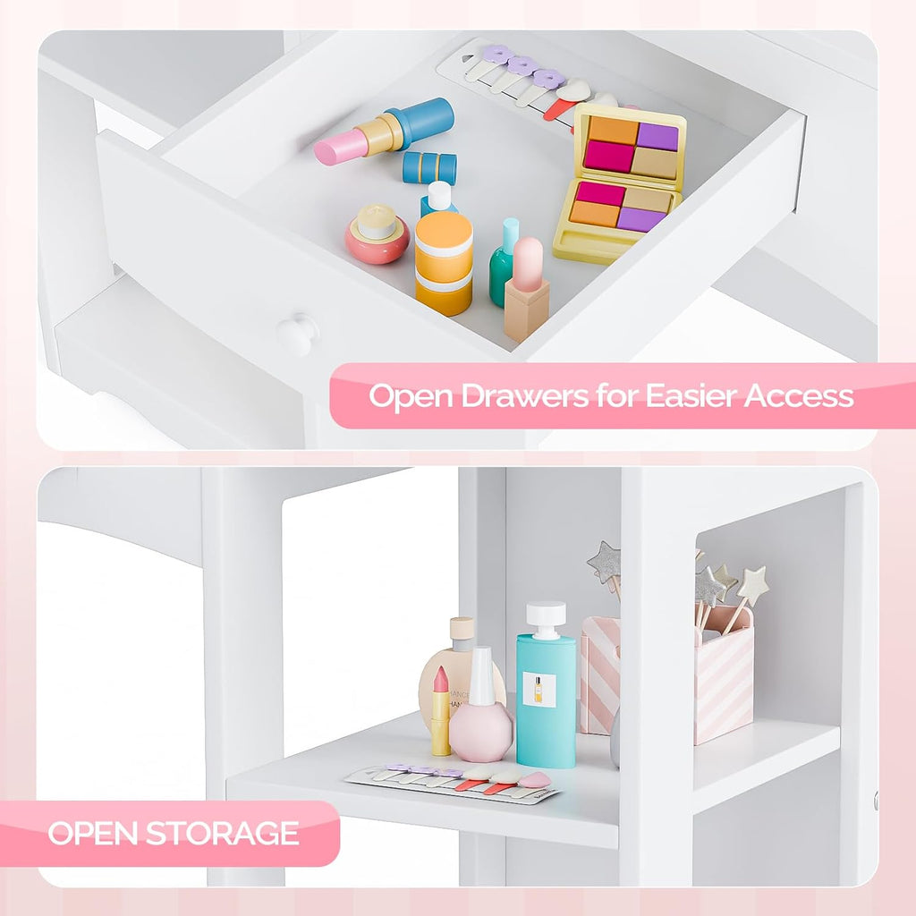 JOYMOR Kids Vanity Table and Chair Set with Tri-Fold Mirror, Extra-Wide Kids Vanity Set, Princess Dressing Table with Stool for Girls Ages 3-8 (White)