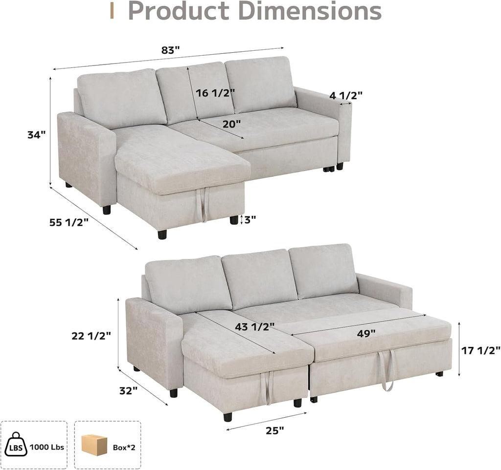 Yafylly L-Shaped Sleeper Sofa with Chaise Lounge & Storage, Pull-Out Couch Bed with Recliner, Full Size Futon for Living Room, Office, Apartment Beige