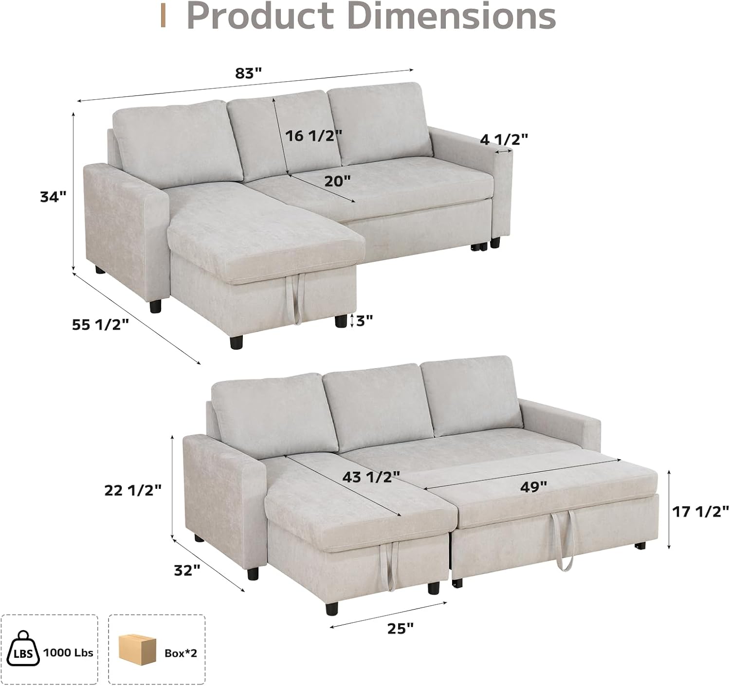 Yafylly L-Shaped Sleeper Sofa with Chaise Lounge & Storage, Pull-Out Couch Bed with Recliner, Full Size Futon for Living Room, Office, Apartment Beige