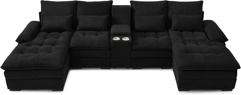 KEIKI 6 seat U-Shaped Sofa with Storage Console, Cup Holders, 130' Upholstered Sectional Sofa, Button Tufted Cloud Cushion Couch for Home, Office, Black