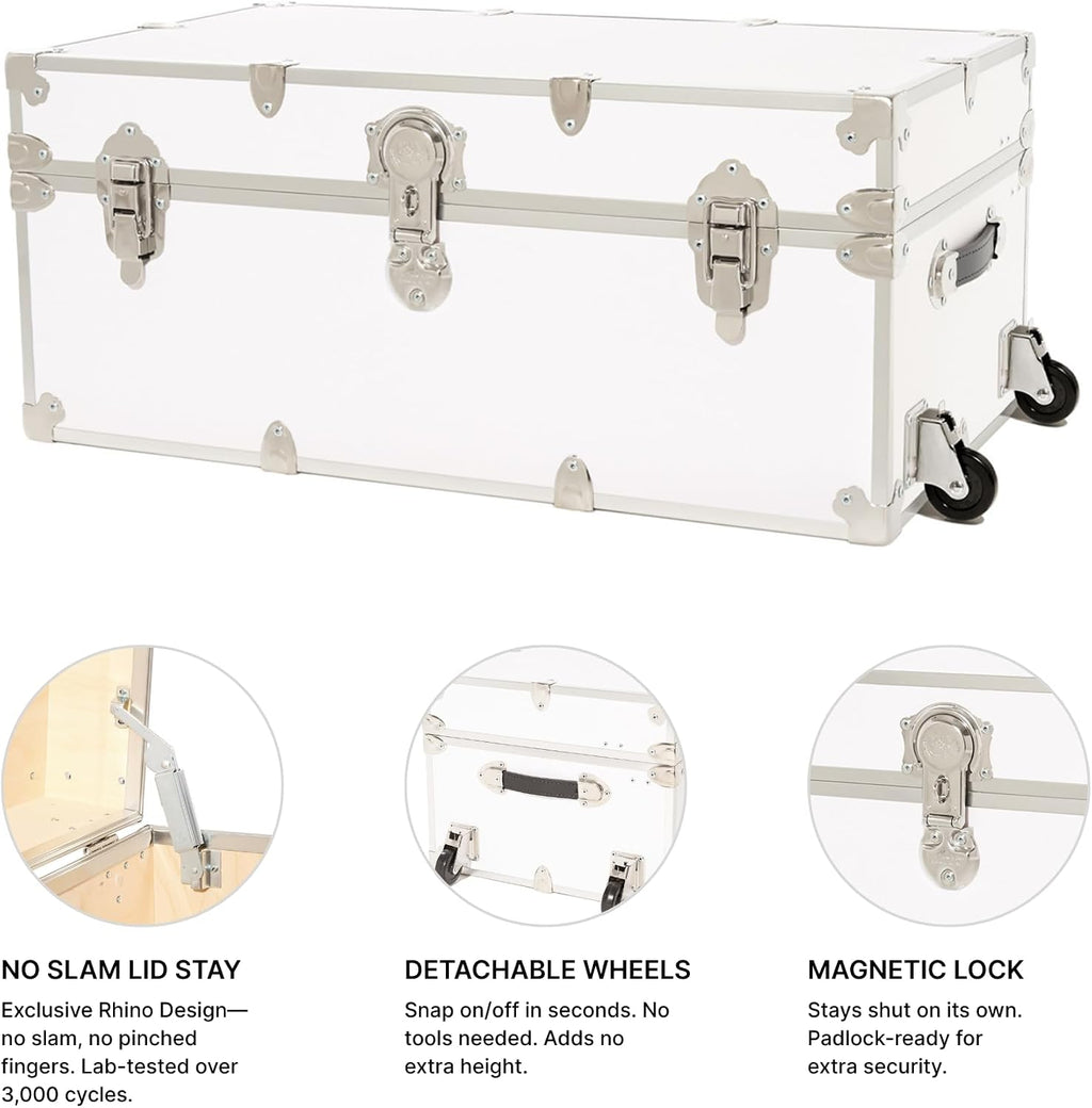 Rhino Trunk & Case Classic Camp & College Trunk with Wheels. 30'x17'x13', 1500+ lbs Capacity - Many Colors, Soft-Close Lid. Strong, USA Made Summer Camp Footlocker and Secure Dorm Storage Chest