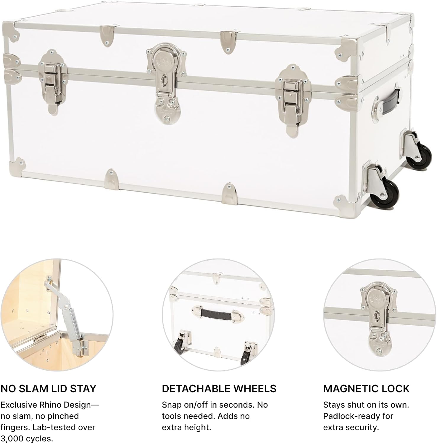 Rhino Trunk & Case Classic Camp & College Trunk with Wheels. 30'x17'x13', 1500+ lbs Capacity - Many Colors, Soft-Close Lid. Strong, USA Made Summer Camp Footlocker and Secure Dorm Storage Chest