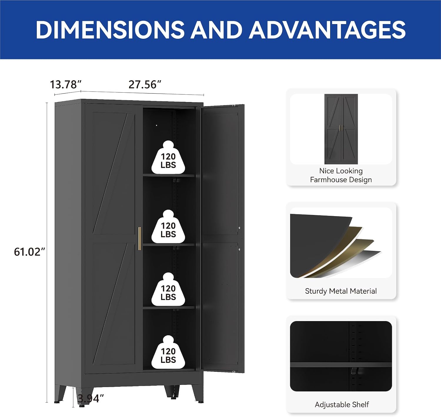 COFaR 61'' Tall Metal Storage Cabinet, Farmhouse Kitchen Pantry Cabinet with Doors and 3 Adjustable Shelves, Black Metal Cabinets for Garage, Kitchen, Bathroom, Laundry, 4-Tier